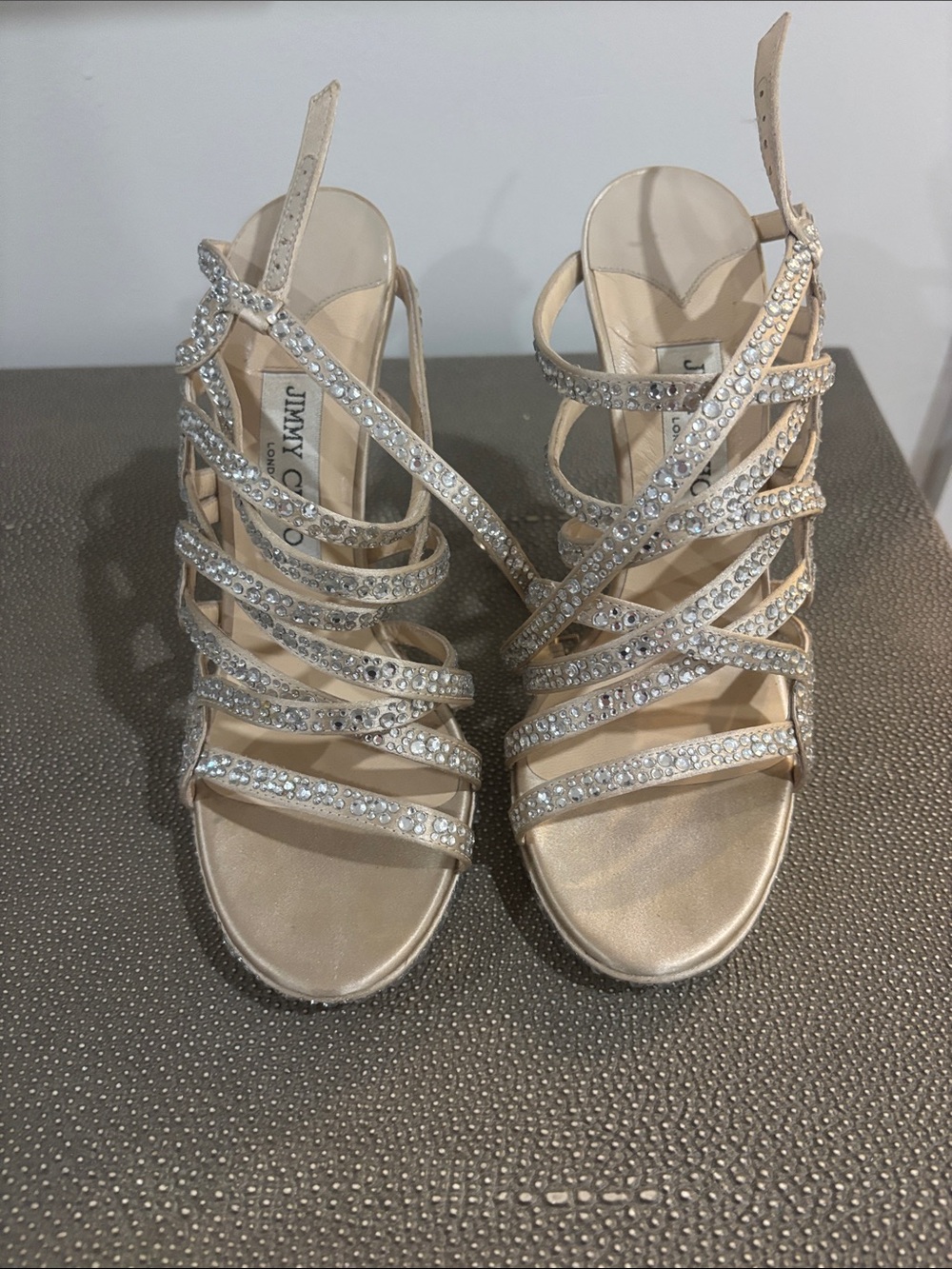 Jimmy Choo Champagne Crystal-Strap Strappy Heels